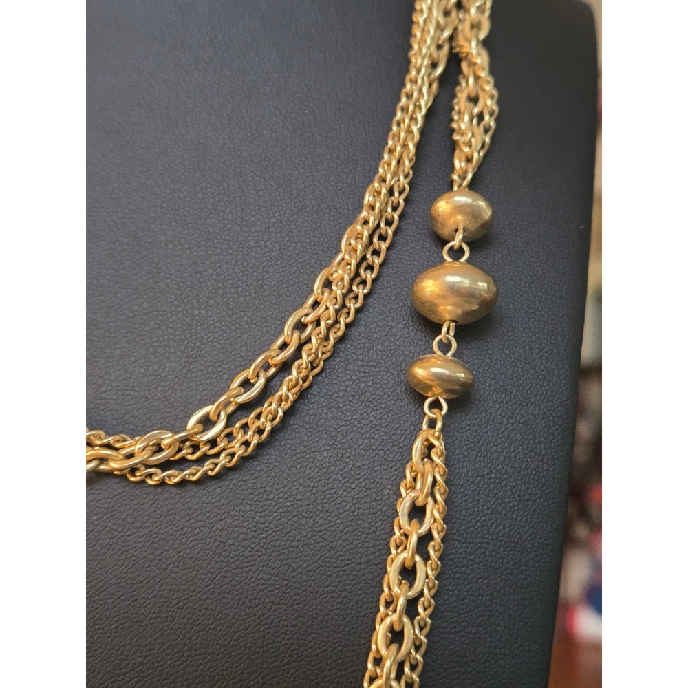Multi-strand Goldtone Necklace Goldtone Spherical Beads Monet Style Long Vintage - Picture 3 of 4